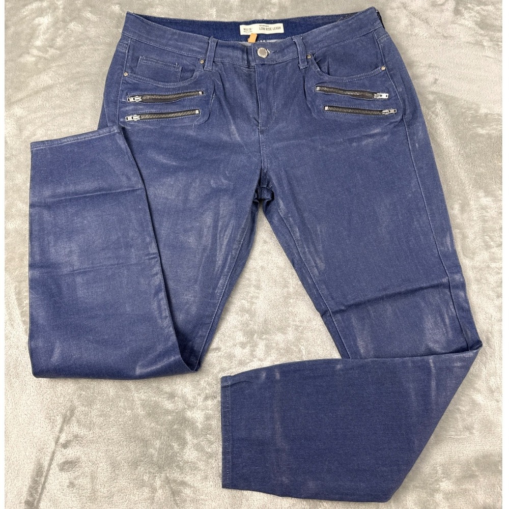 Topshop Moto Low Rise Leigh Blue Coated Denim Skinny Jeans W32 L30 Zipper Detail